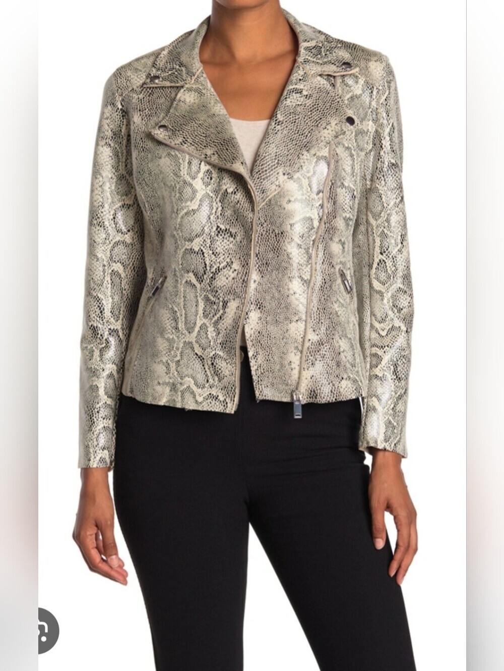 Philosophy Faux Suede Snake Print Moto Jacket Women Size S Beige Black Zip Biker